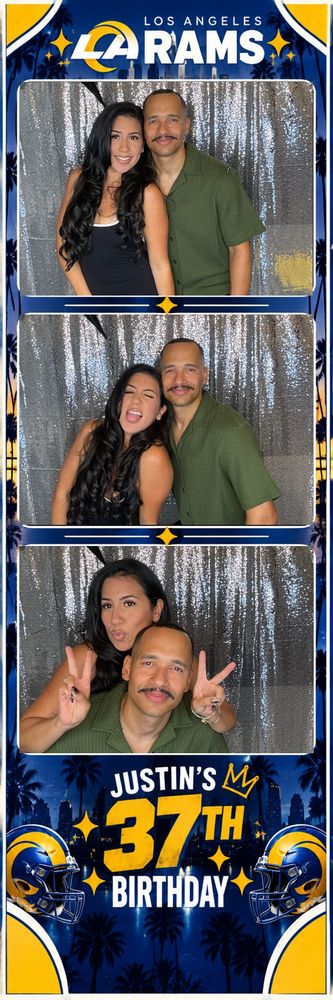 Photo strip: a couple posing, winking and throwing peace signs